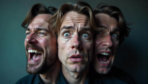 A man displaying three emotional expressions—joy, fear, and anger—symbolising how labels like 'toxic masculinity' or can distort identity and warp perception.