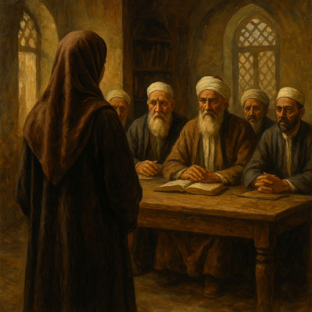 A Muslim woman standing before Islamic scholars (ulama), symbolising a sharia council proceeding