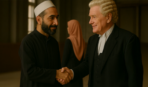 A British barrister and Muslim imam shaking hands in a courtroom, symbolising dialogue between Islamic and English law.