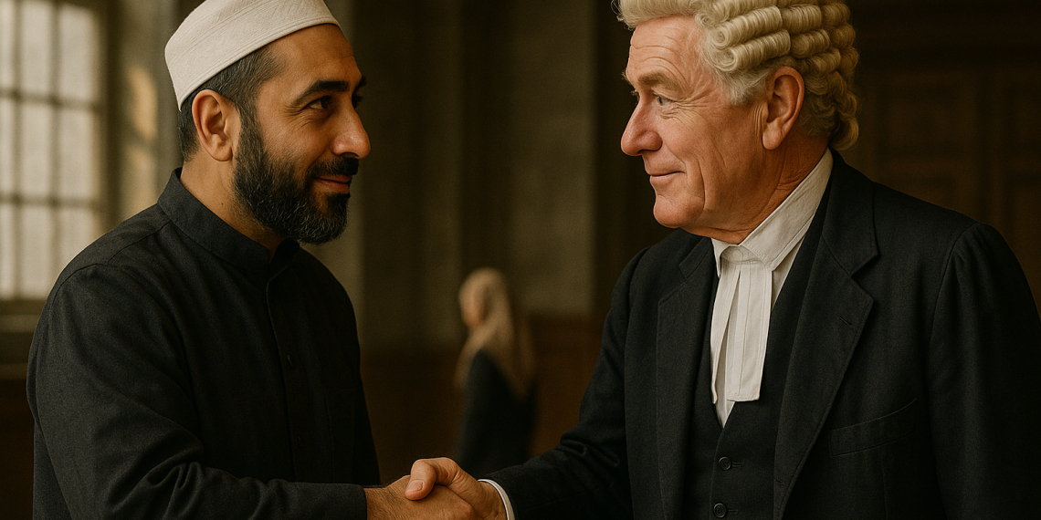 A British barrister and Muslim imam shaking hands in a courtroom, symbolising dialogue between Islamic and English law.